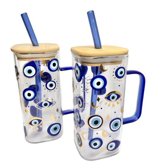 Evil Eye Glass & Straw With Handle - Can be personalised