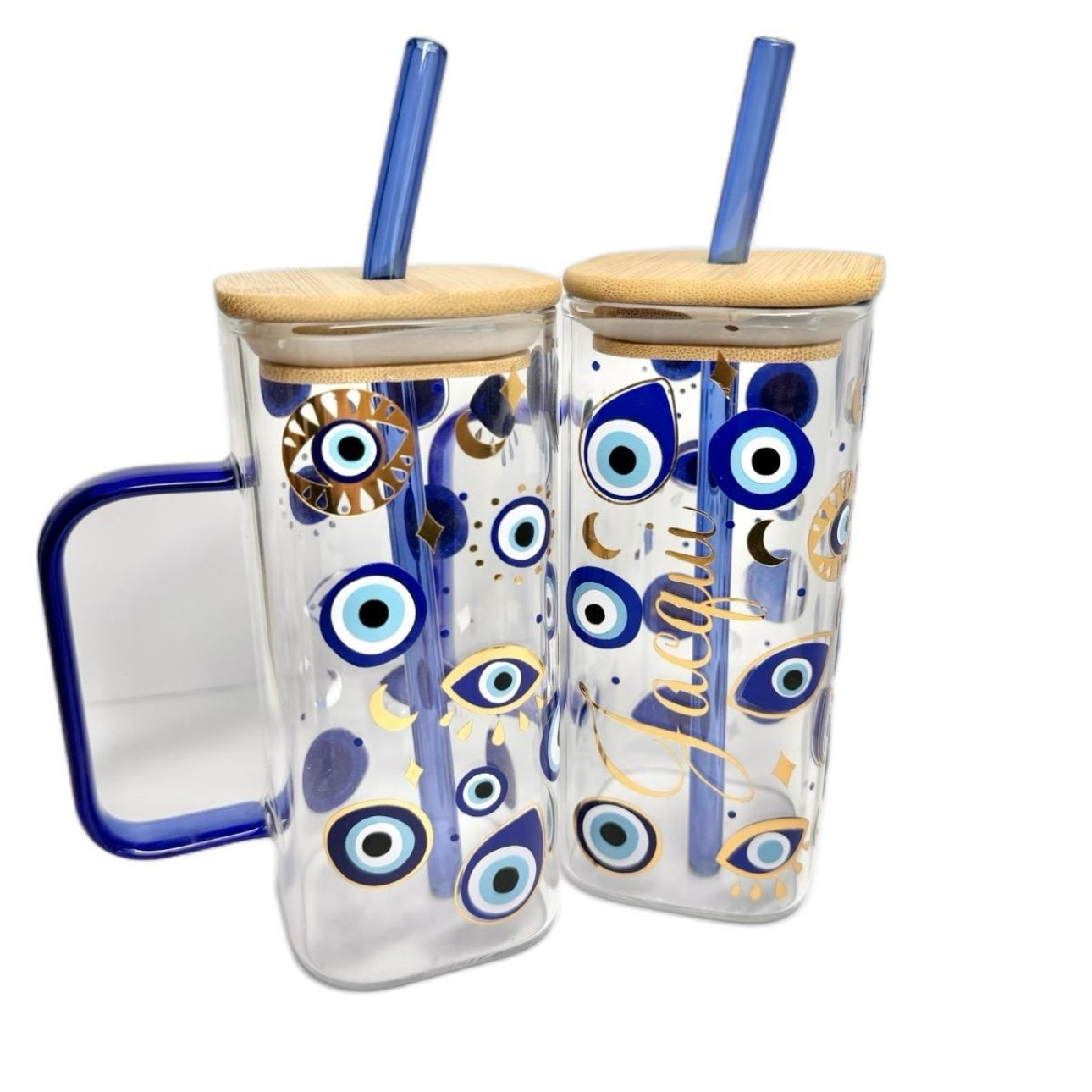 Evil Eye Glass & Straw With Handle - Can be personalised