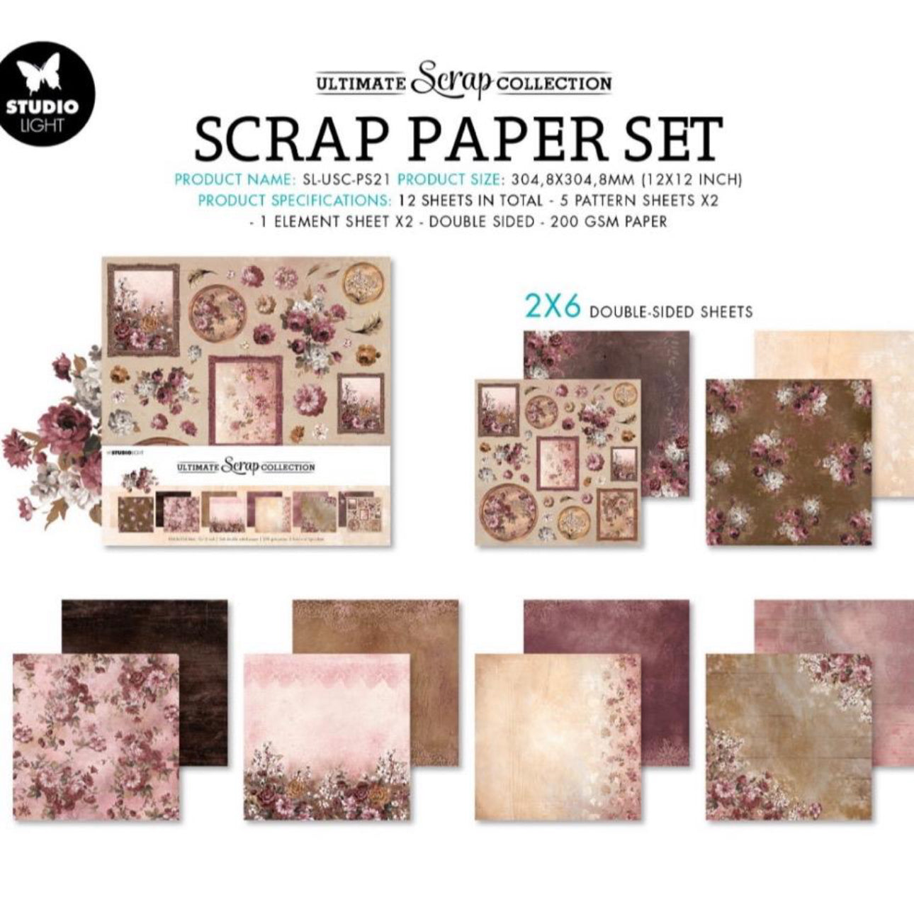 Ultimate Scrap Collection 12x12 Inch Paper Pack Vintage Flowers & Wood