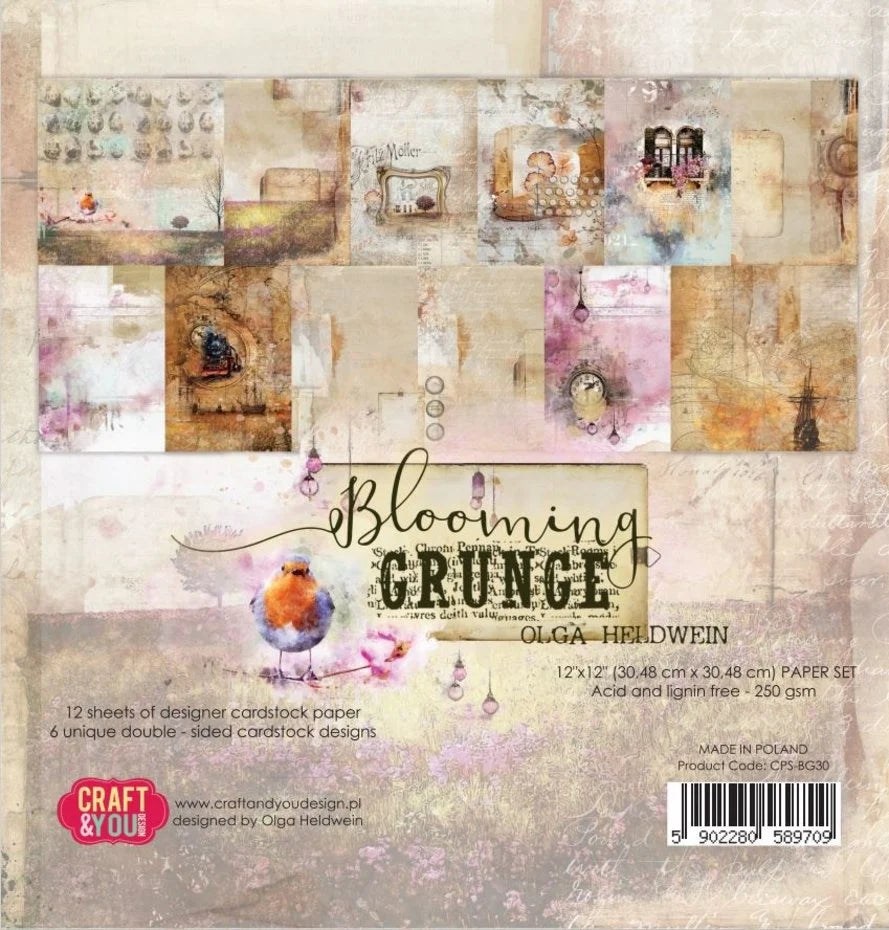 Blooming Grunge 12x12 Inch Paper Set 250gsm (12sheets) - Craft & You Design